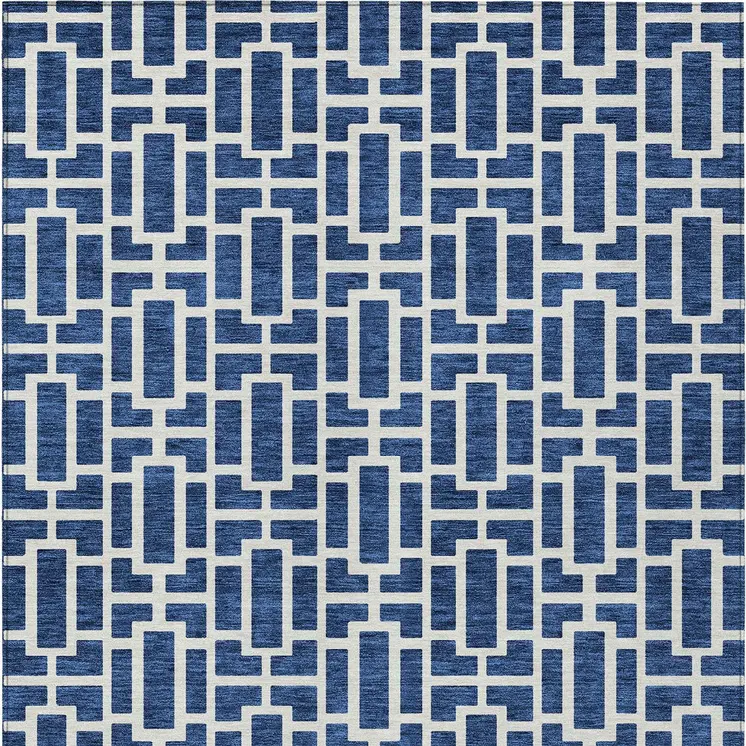 8' X 10' Navy Blue And Ivory Geometric Washable Indoor Outdoor Area Rug