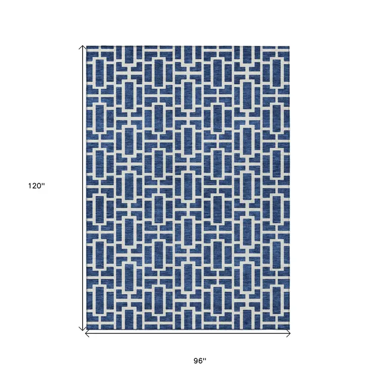 8' X 10' Navy Blue And Ivory Geometric Washable Indoor Outdoor Area Rug