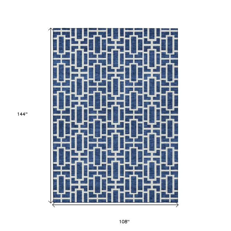 9' X 12' Navy Blue And Ivory Geometric Washable Indoor Outdoor Area Rug