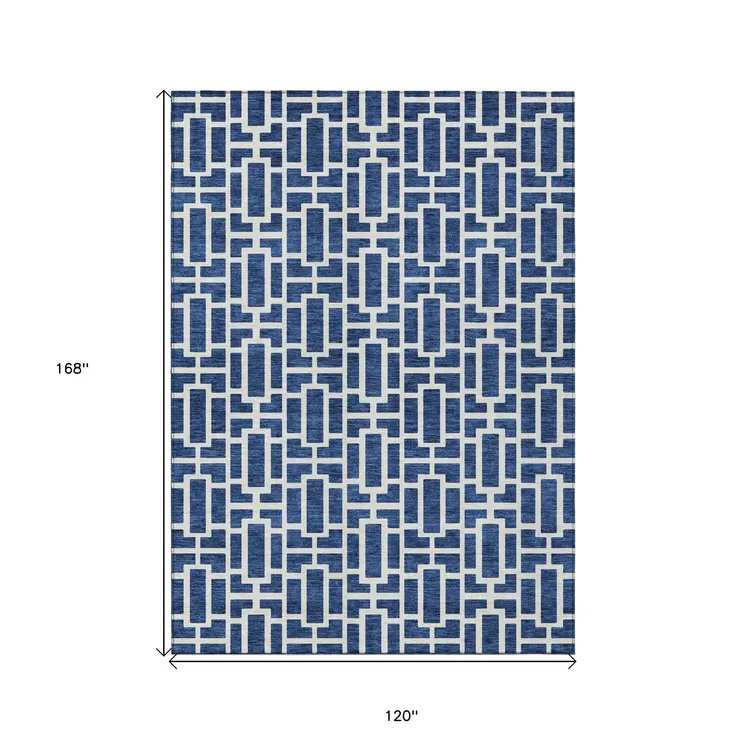10' X 14' Navy Blue And Ivory Geometric Washable Indoor Outdoor Area Rug