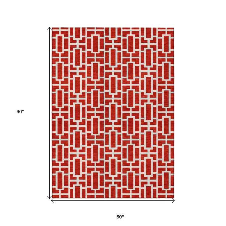 5' X 8' Red And Ivory Geometric Washable Indoor Outdoor Area Rug