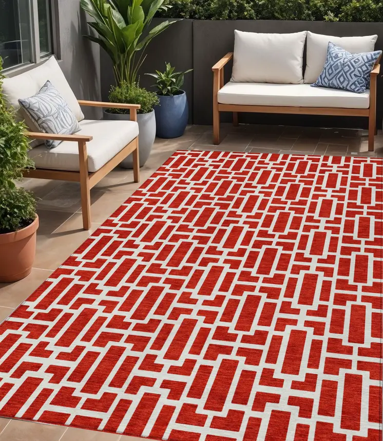 5' X 8' Red And Ivory Geometric Washable Indoor Outdoor Area Rug