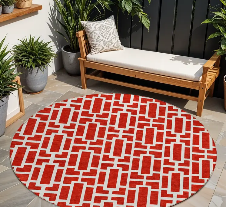 8' Red And Ivory Round Geometric Washable Indoor Outdoor Area Rug