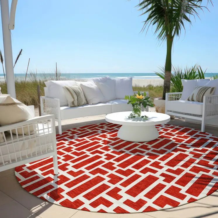 8' Red And Ivory Round Geometric Washable Indoor Outdoor Area Rug