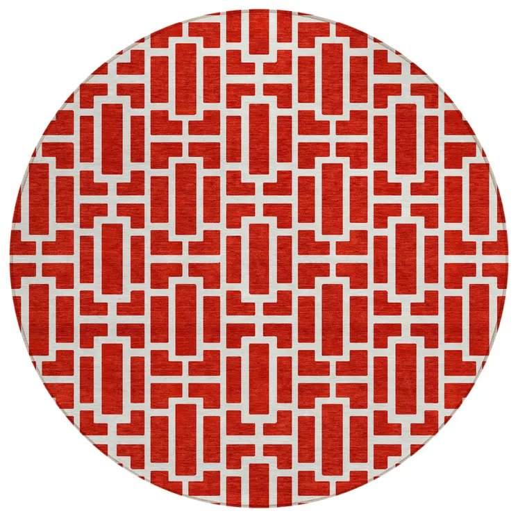 8' Red And Ivory Round Geometric Washable Indoor Outdoor Area Rug
