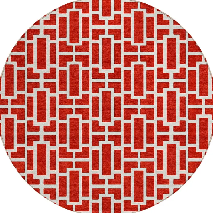 8' Red And Ivory Round Geometric Washable Indoor Outdoor Area Rug