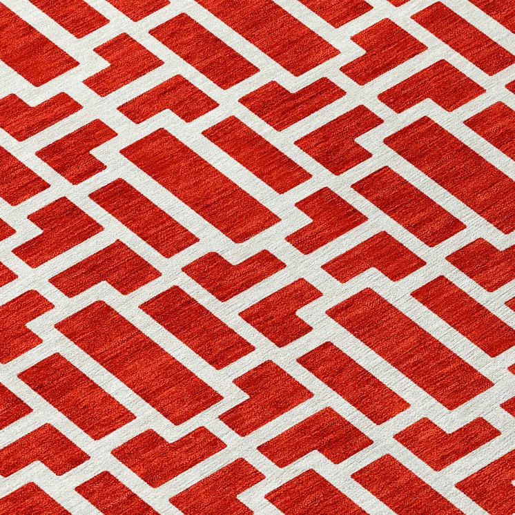 8' Red And Ivory Round Geometric Washable Indoor Outdoor Area Rug