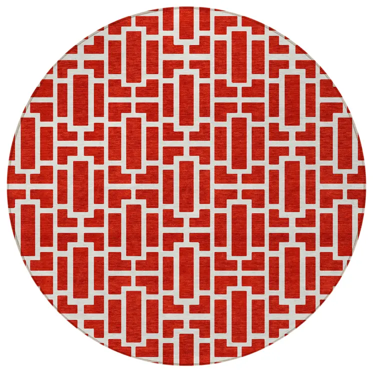 8' Red And Ivory Round Geometric Washable Indoor Outdoor Area Rug