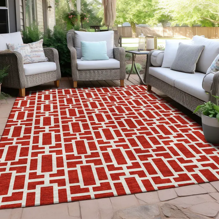 8' X 10' Red And Ivory Geometric Washable Indoor Outdoor Area Rug