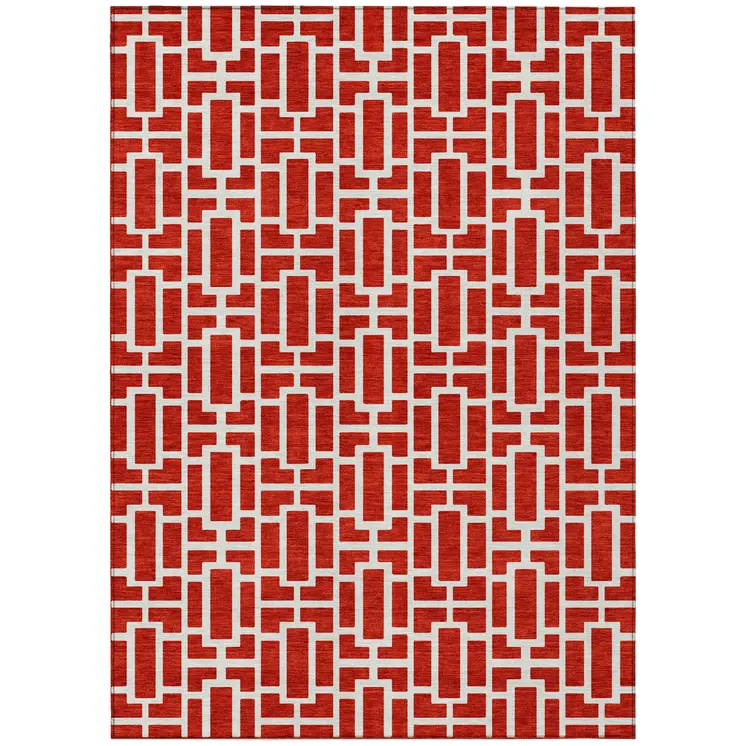8' X 10' Red And Ivory Geometric Washable Indoor Outdoor Area Rug