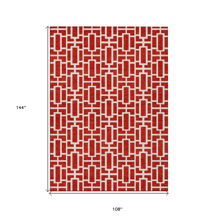 9' X 12' Red And Ivory Geometric Washable Indoor Outdoor Area Rug