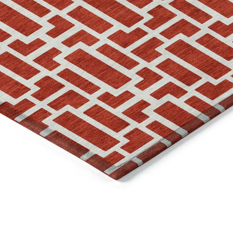 9' X 12' Red And Ivory Geometric Washable Indoor Outdoor Area Rug