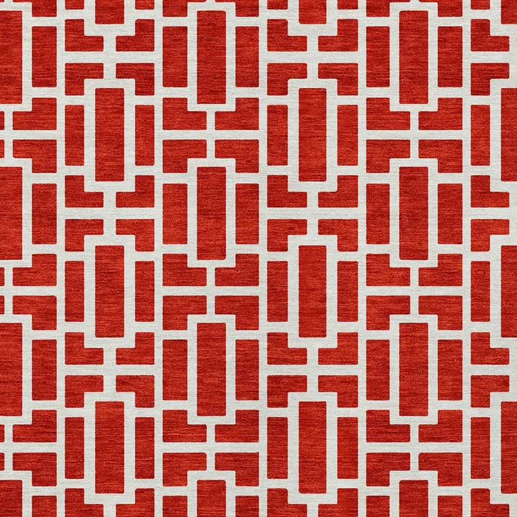 10' X 14' Red And Ivory Geometric Washable Indoor Outdoor Area Rug