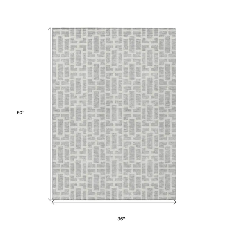 3' X 5' Silver And Gray Geometric Washable Indoor Outdoor Area Rug