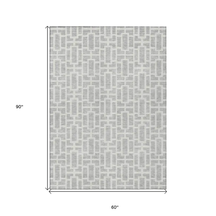 5' X 8' Silver And Gray Geometric Washable Indoor Outdoor Area Rug