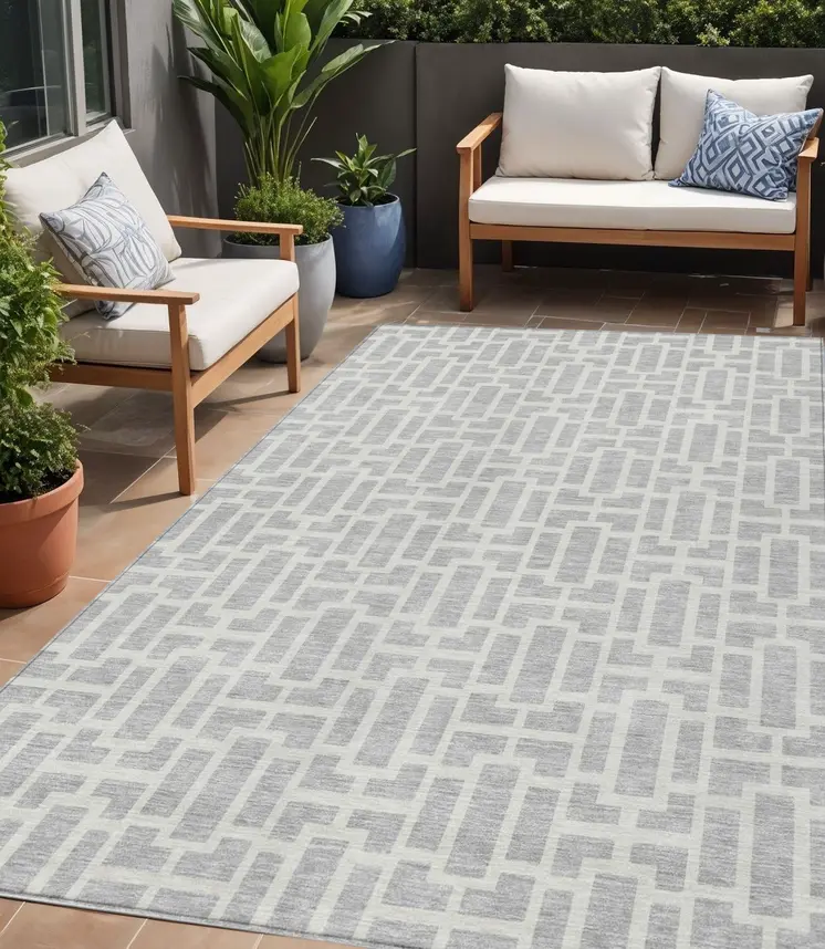 5' X 8' Silver And Gray Geometric Washable Indoor Outdoor Area Rug
