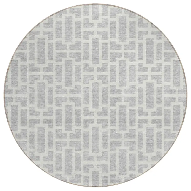 8' Silver And Gray Round Geometric Washable Indoor Outdoor Area Rug