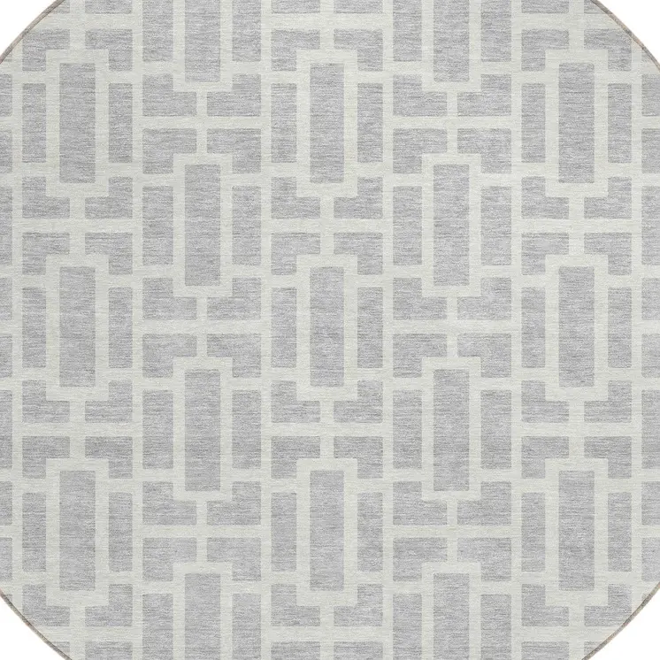 8' Silver And Gray Round Geometric Washable Indoor Outdoor Area Rug