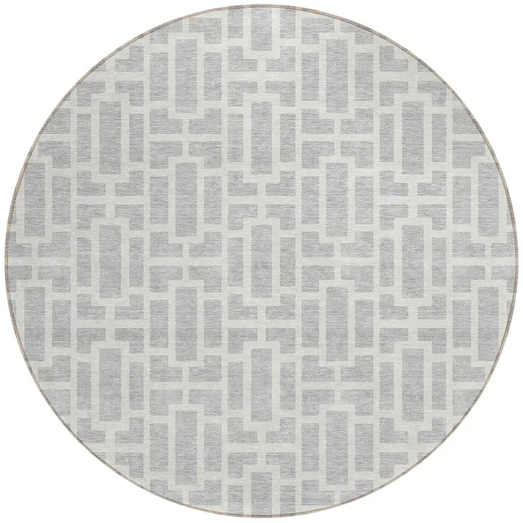 8' Silver And Gray Round Geometric Washable Indoor Outdoor Area Rug