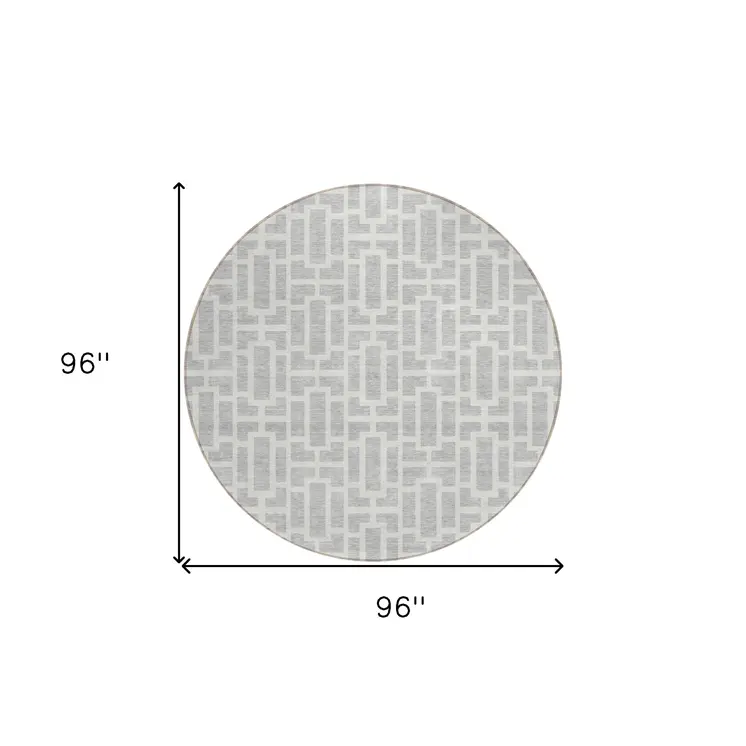 8' Silver And Gray Round Geometric Washable Indoor Outdoor Area Rug
