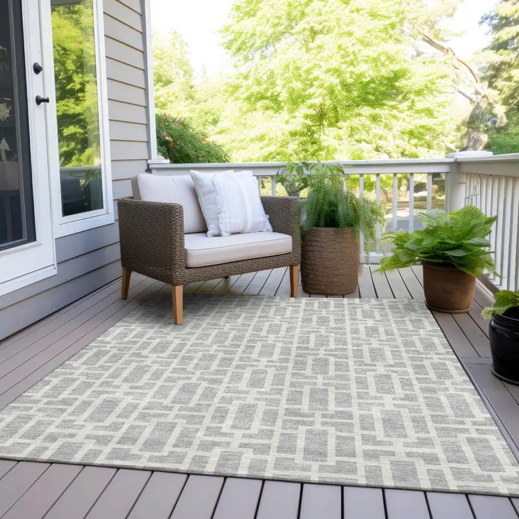 8' X 10' Silver And Gray Geometric Washable Indoor Outdoor Area Rug