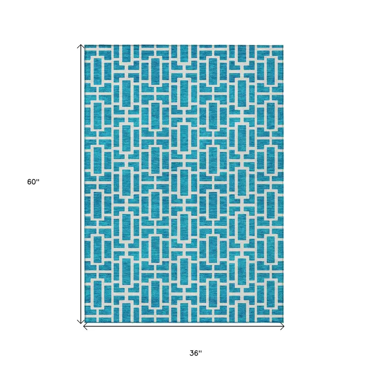 3' X 5' Turquoise And Ivory Geometric Washable Indoor Outdoor Area Rug