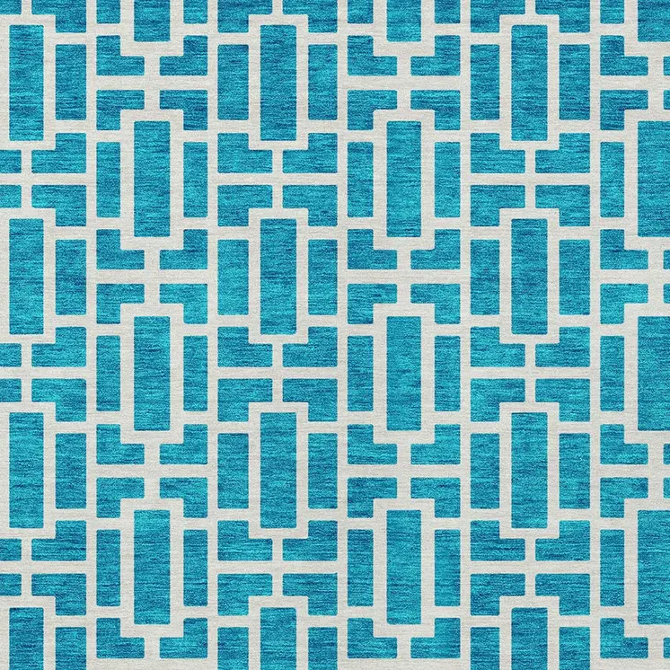 3' X 5' Turquoise And Ivory Geometric Washable Indoor Outdoor Area Rug