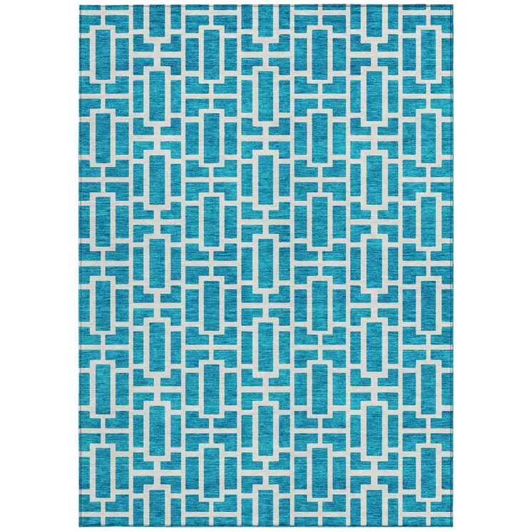 5' X 8' Turquoise And Ivory Geometric Washable Indoor Outdoor Area Rug