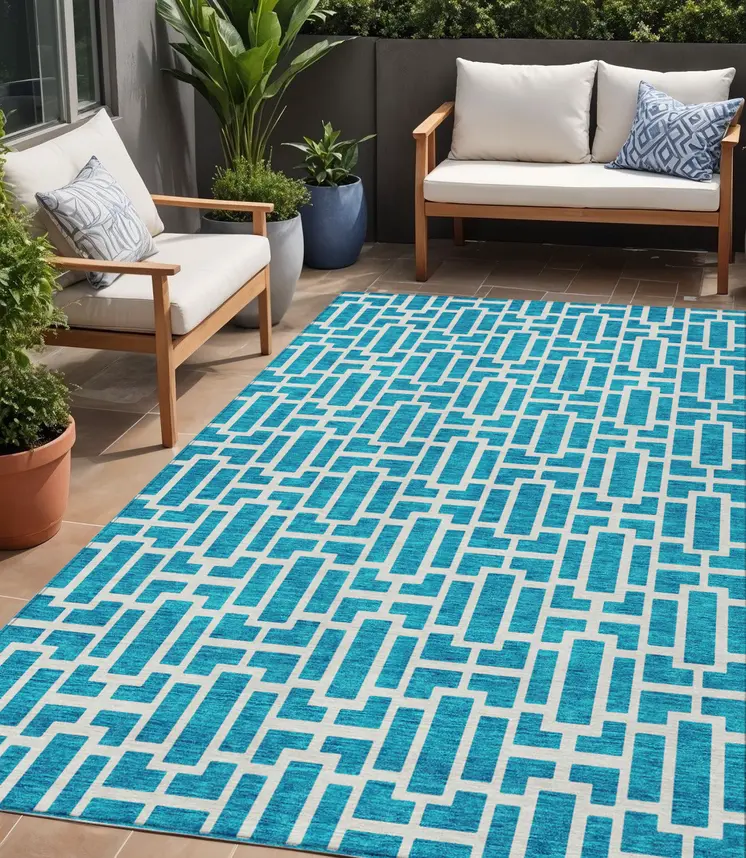 5' X 8' Turquoise And Ivory Geometric Washable Indoor Outdoor Area Rug