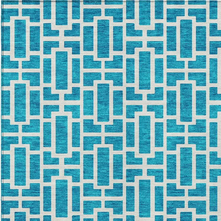5' X 8' Turquoise And Ivory Geometric Washable Indoor Outdoor Area Rug