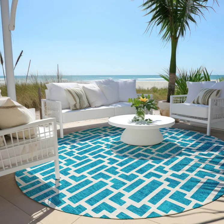 8' Turquoise And Ivory Round Geometric Washable Indoor Outdoor Area Rug