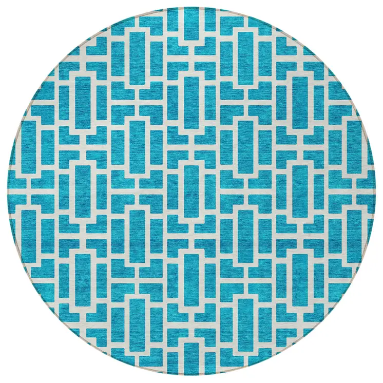 8' Turquoise And Ivory Round Geometric Washable Indoor Outdoor Area Rug