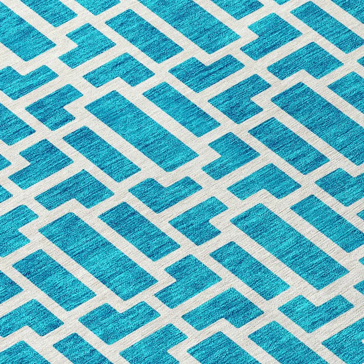 8' Turquoise And Ivory Round Geometric Washable Indoor Outdoor Area Rug