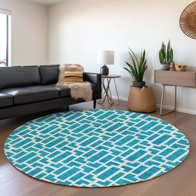 8' Turquoise And Ivory Round Geometric Washable Indoor Outdoor Area Rug