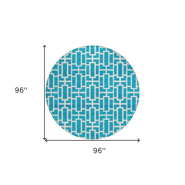 8' Turquoise And Ivory Round Geometric Washable Indoor Outdoor Area Rug