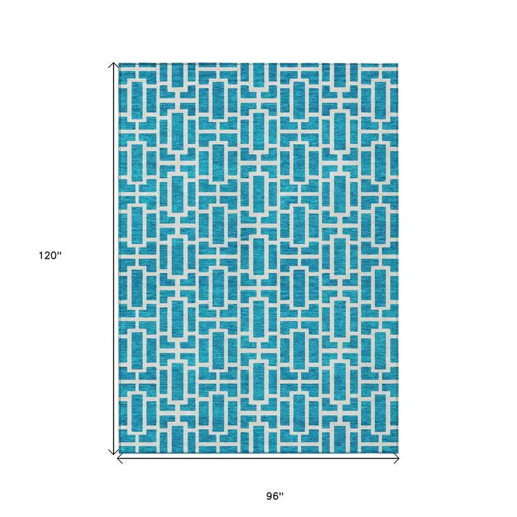 8' X 10' Turquoise And Ivory Geometric Washable Indoor Outdoor Area Rug