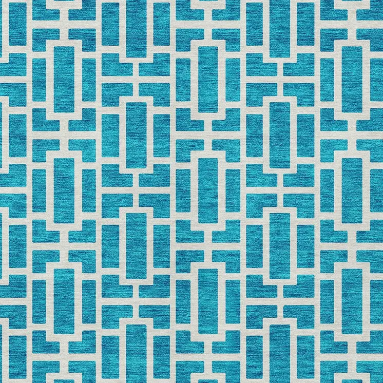 8' X 10' Turquoise And Ivory Geometric Washable Indoor Outdoor Area Rug