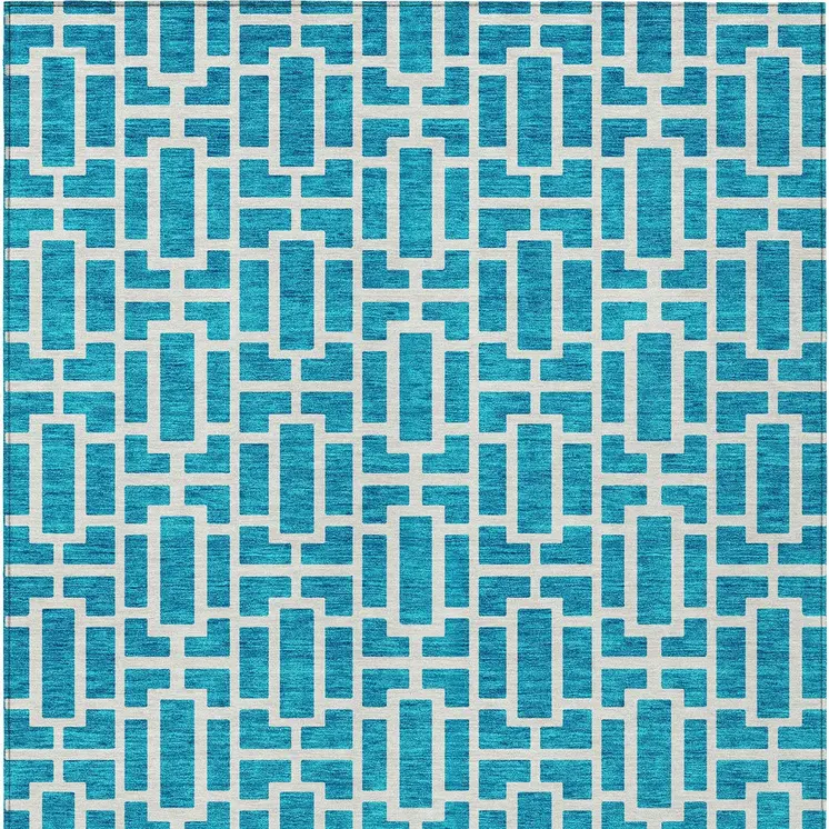 9' X 12' Turquoise And Ivory Geometric Washable Indoor Outdoor Area Rug