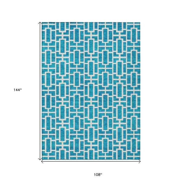 9' X 12' Turquoise And Ivory Geometric Washable Indoor Outdoor Area Rug