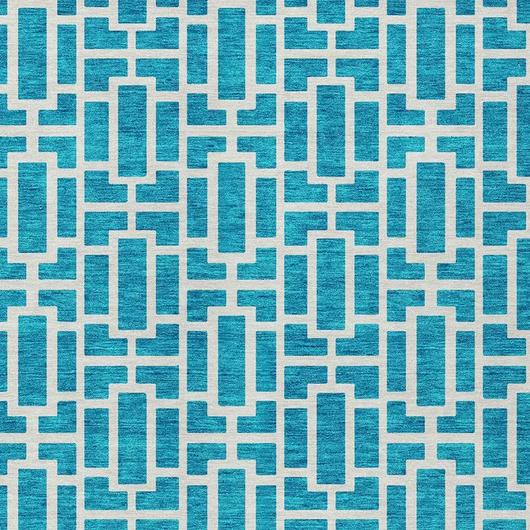 9' X 12' Turquoise And Ivory Geometric Washable Indoor Outdoor Area Rug