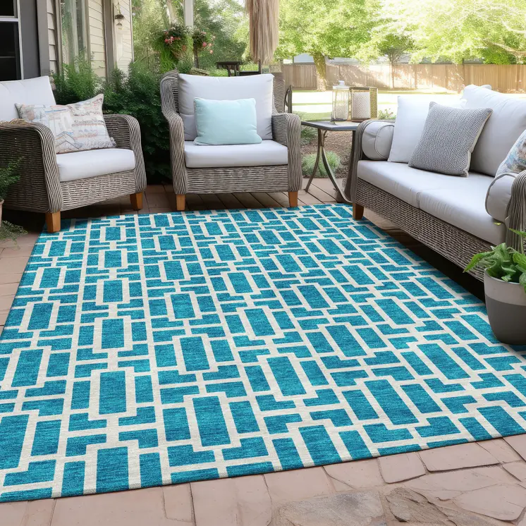 10' X 14' Turquoise And Ivory Geometric Washable Indoor Outdoor Area Rug