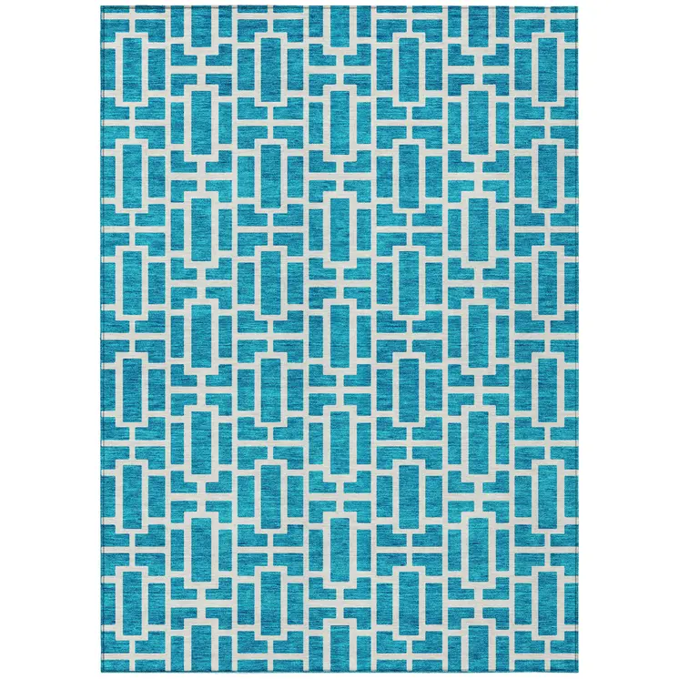 10' X 14' Turquoise And Ivory Geometric Washable Indoor Outdoor Area Rug