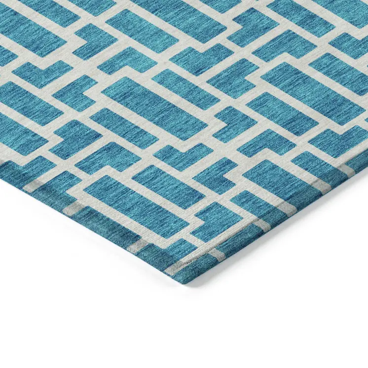 10' X 14' Turquoise And Ivory Geometric Washable Indoor Outdoor Area Rug