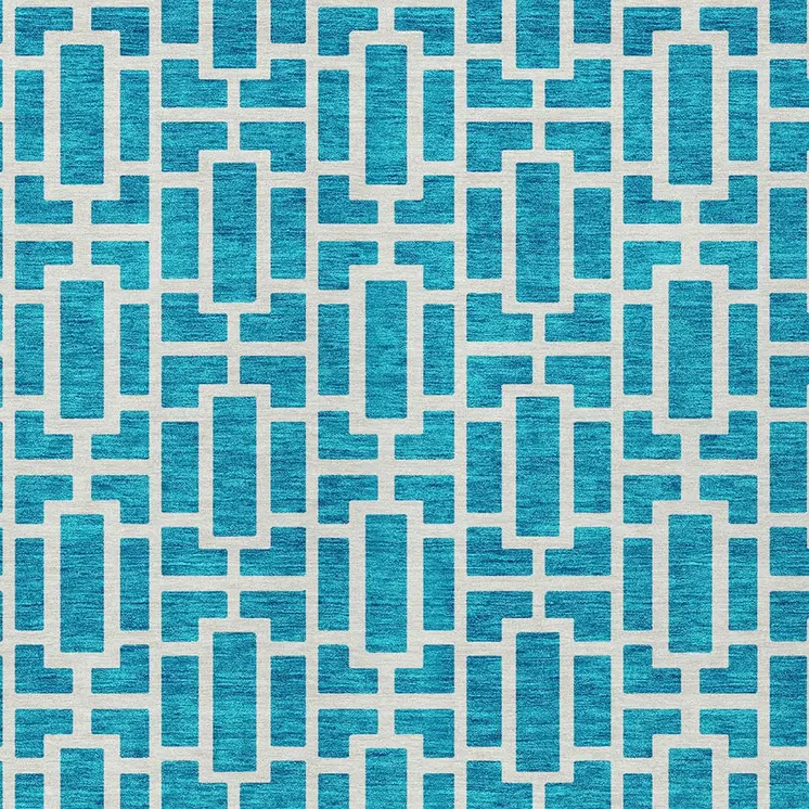 10' X 14' Turquoise And Ivory Geometric Washable Indoor Outdoor Area Rug