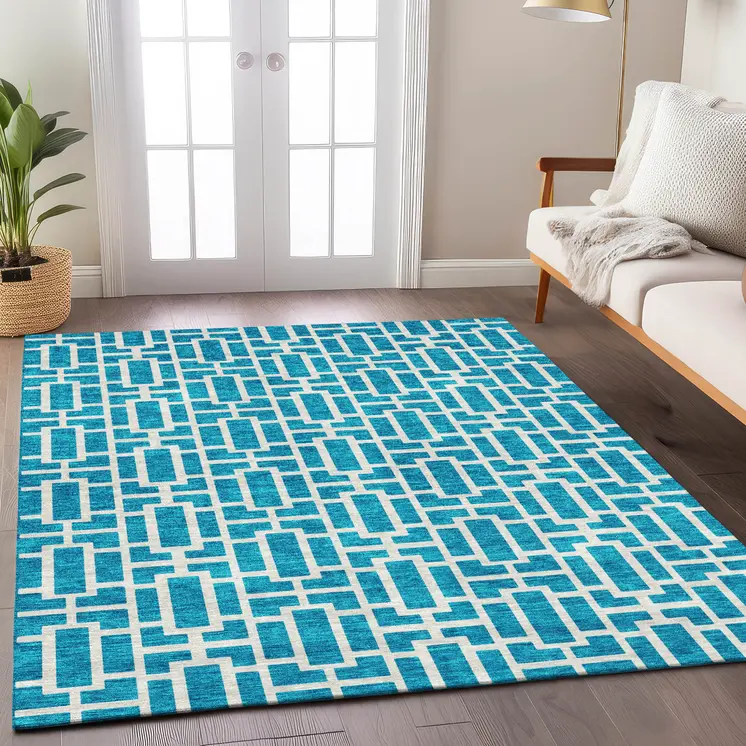 10' X 14' Turquoise And Ivory Geometric Washable Indoor Outdoor Area Rug