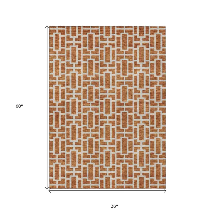 3' X 5' Terra Cotta And Beige Geometric Washable Indoor Outdoor Area Rug