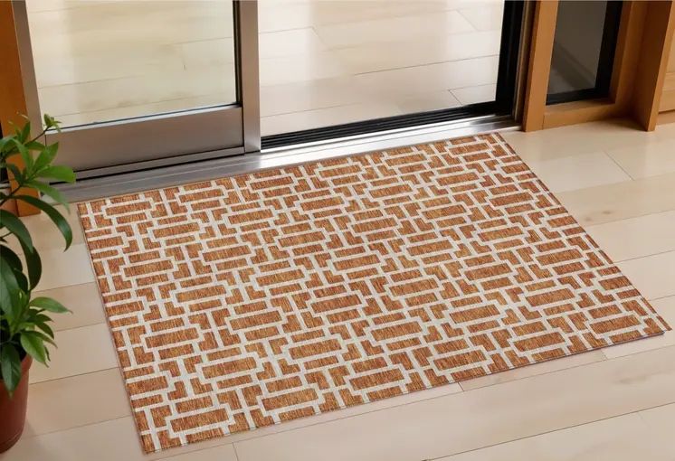 3' X 5' Terra Cotta And Beige Geometric Washable Indoor Outdoor Area Rug