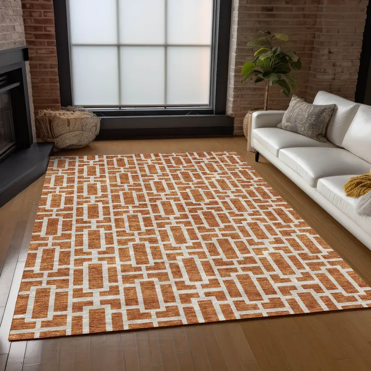 5' X 8' Terra Cotta And Beige Geometric Washable Indoor Outdoor Area Rug