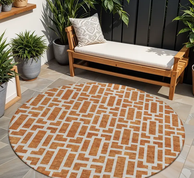 8' Terra Cotta And Beige Round Geometric Washable Indoor Outdoor Area Rug