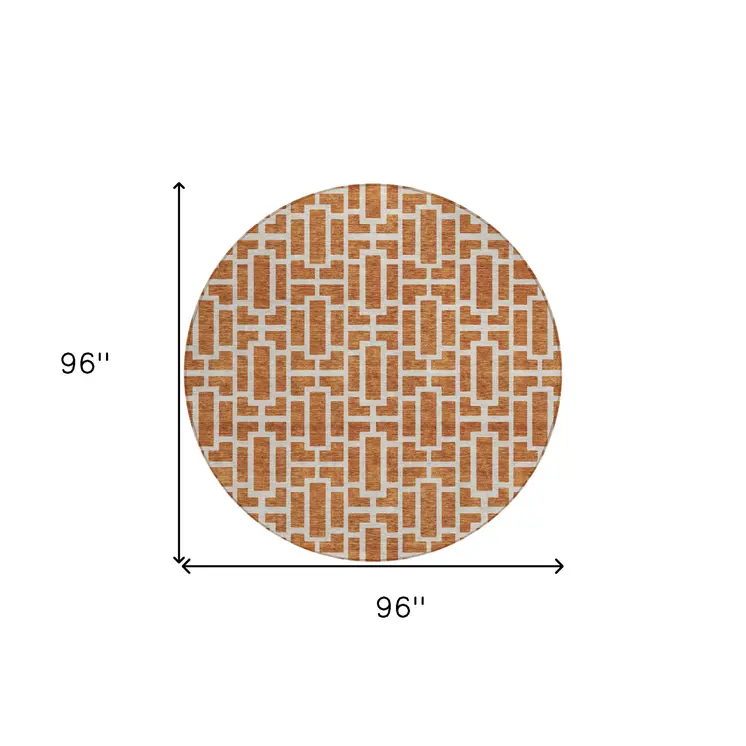 8' Terra Cotta And Beige Round Geometric Washable Indoor Outdoor Area Rug